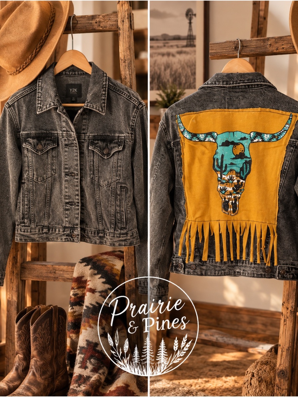 Women’s Cropped Black Denim Jacket with Yellow Fringe Bull Skull Back